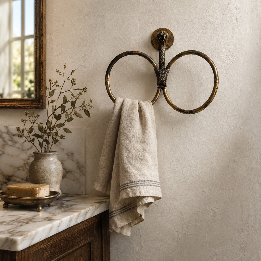 Vintage Brass Double Towel Ring Wall Holder Anthropologie Style Bathroom Decor